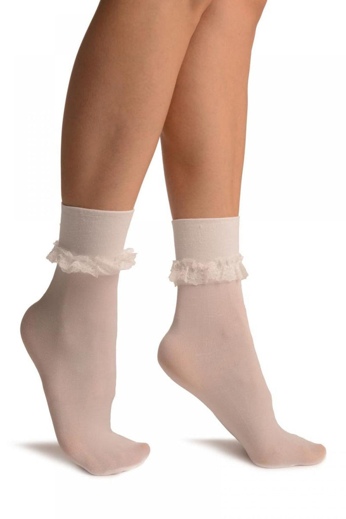 White Opaque with Very Wide Top & Ruffle Ankle High Socks