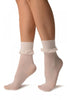 White Opaque with Very Wide Top & Ruffle Ankle High Socks