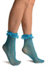 Azure Blue Fishnet With Ruffle Ankle High Socks