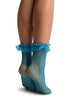 Azure Blue Fishnet With Ruffle Ankle High Socks