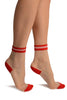 White Invisible Socks With Red Striped Top Ankle High Socks