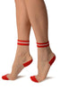 White Invisible Socks With Red Striped Top Ankle High Socks
