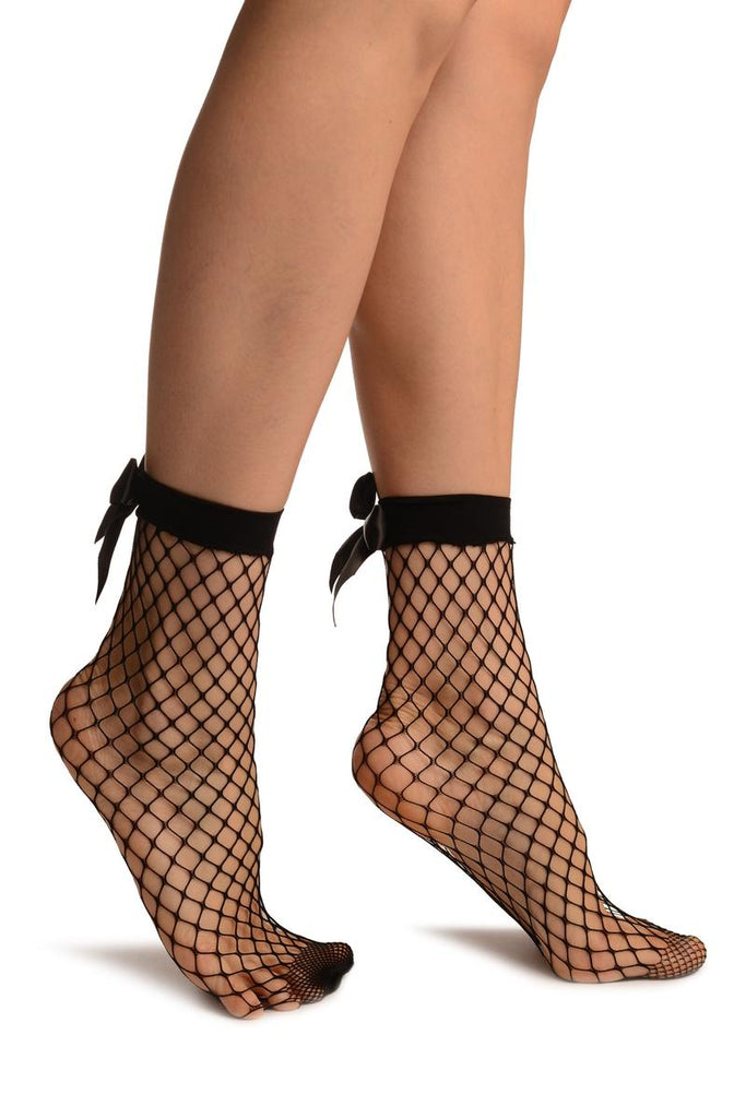 Black Large Fishnet With Satin Bow Ankle High Socks