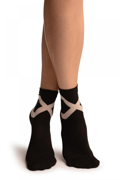 Black With White Sheer Criss-Cross Ankle High Socks