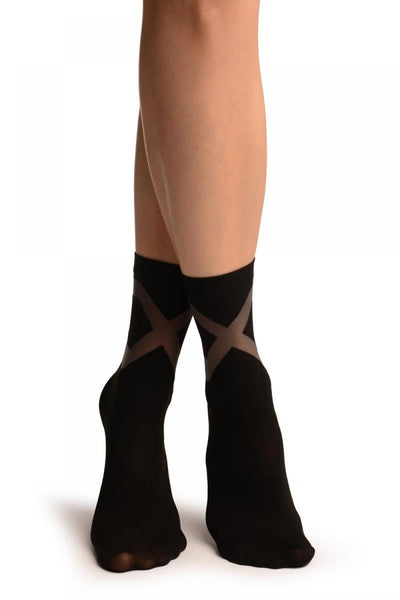 Black With Grey Sheer Criss-Cross Ankle High Socks