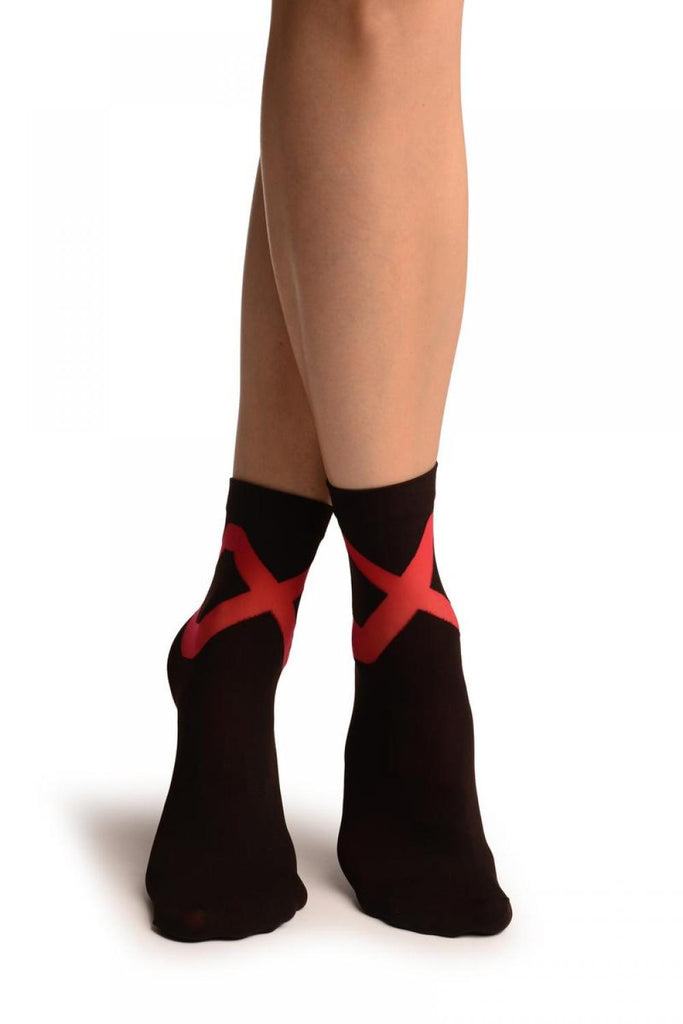 Black With Red Sheer Criss-Cross Ankle High Socks