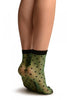 Green With Medium Black Polka Dots Ankle High Socks
