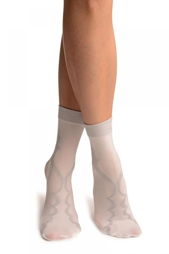 White With Persian Silver Lurex Pattern Ankle High Socks