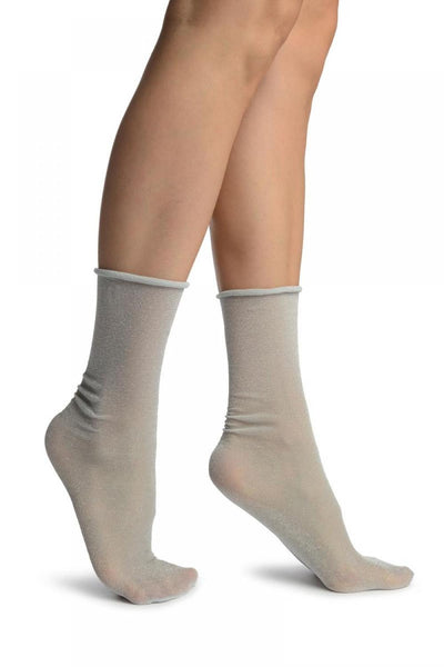 Grey With Silver Lurex Comfort Top Ankle High Socks