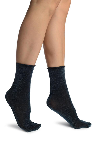 Black With Blue Lurex Comfort Top Ankle High Socks