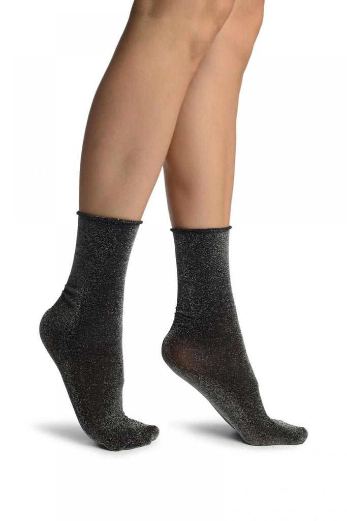 Black With Silver Lurex Comfort Top Ankle High Socks