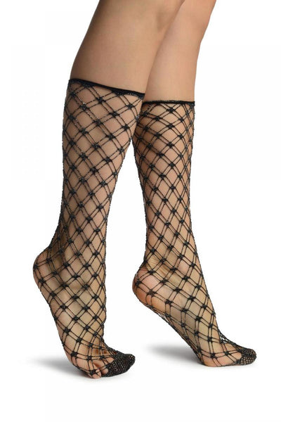 Black Medium Double Mesh With Silver Lurex Comfort Top Ankle High Socks
