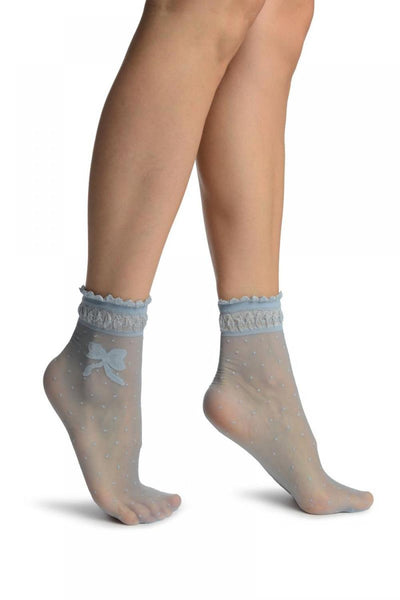 Light Blue With Dots & Bow Comfort Top Ankle High Socks