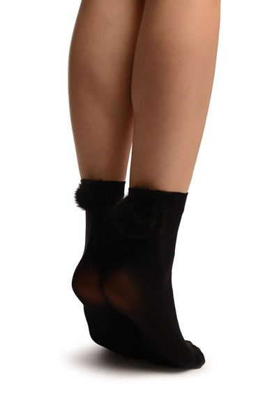 Black With Black Pon Pon Rabbit Fur Ankle High Socks