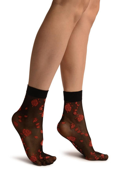 Black With Red Roses Ankle High Socks