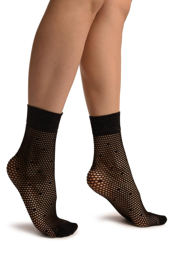 Black Sick Dotted Mesh With Silver Lurex Top Ankle High Socks
