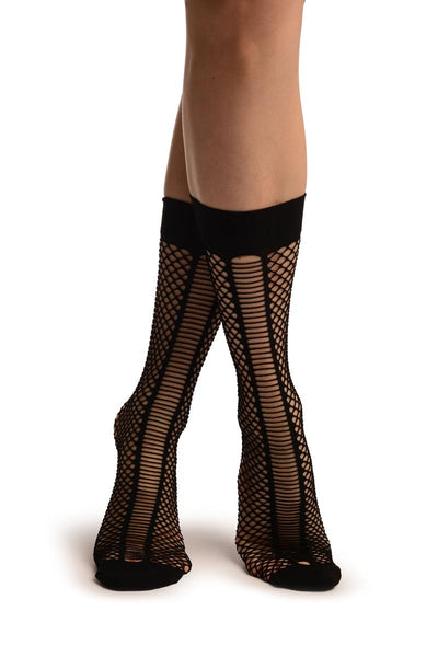 Black Fishnet With Striped Seams Ankle High Socks