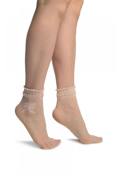 Dust Pink With Dots & Bow Comfort Top Ankle High Socks