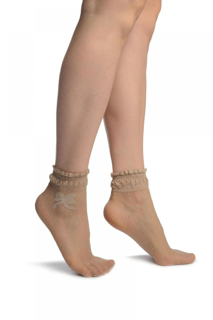 Skin Beige With Dots & Bow Comfort Top Ankle High Socks