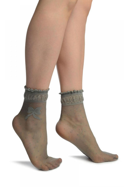 Light Grey With Dots & Bow Comfort Top Ankle High Socks