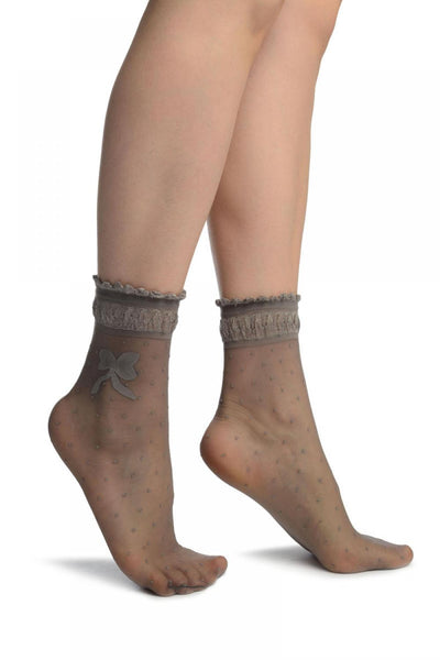 Grey With Dots & Bow Comfort Top Ankle High Socks