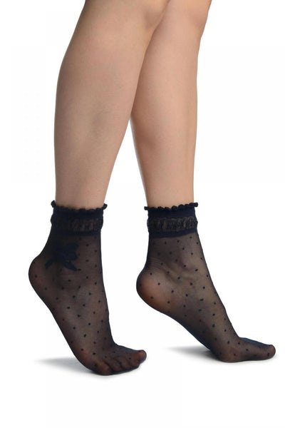 Dark Blue With Dots & Bow Comfort Top Ankle High Socks