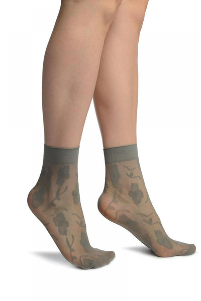 Grey Mesh With Large Flowers Ankle High Socks