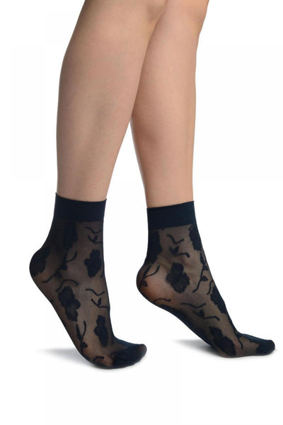 Dark Blue Mesh With Large Flowers Ankle High Socks