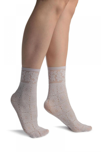 Heather Pink With Large Lace Flowers Ankle High Socks