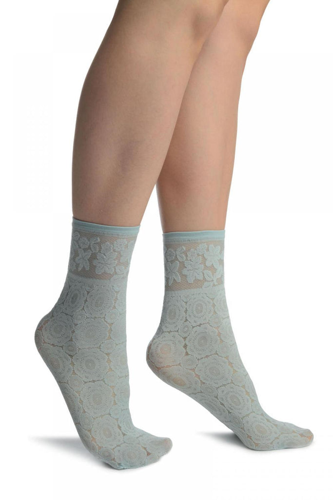 Powder Blue With Large Lace Flowers Ankle High Socks