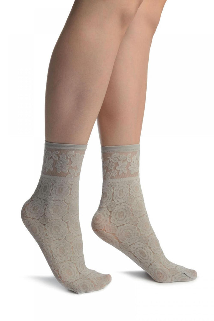 Grey With Large Lace Flowers Ankle High Socks