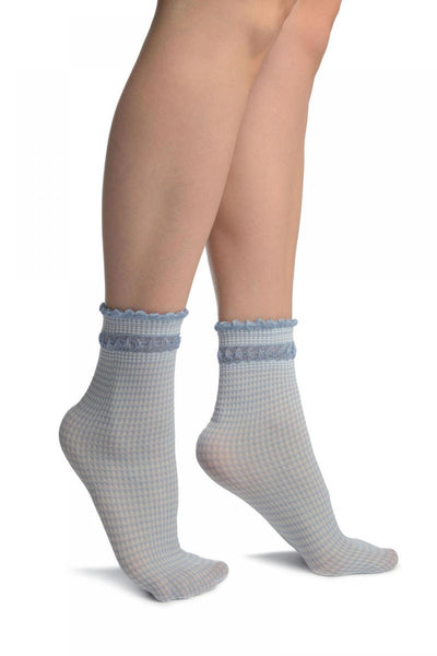 White & Blue Checkered And Silky Comfort Top Ankle High Socks