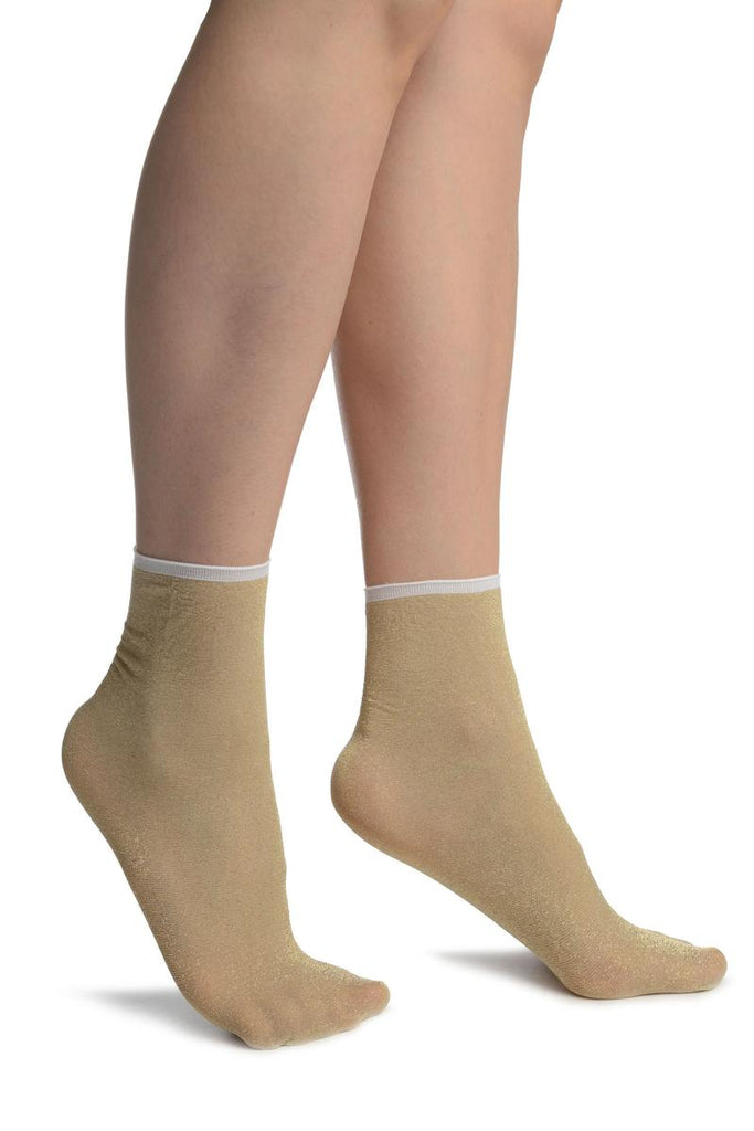 Beige With Lurex And Plain Top Ankle High Socks