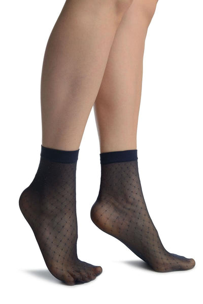 Dark Blue With Silver Accented Knots Mesh Ankle High Socks