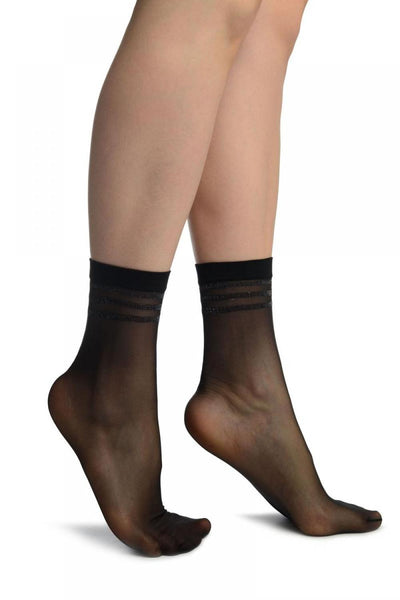 Black With Lurex Striped Top Ankle High Socks
