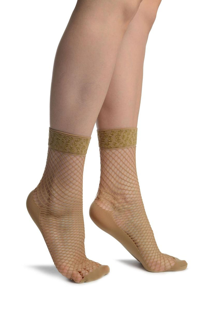 Beige Fishnet With Lurex Leopard Top Ankle High Socks