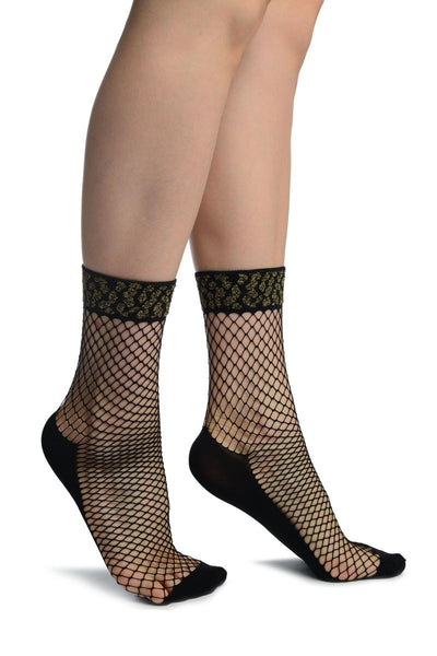 Black Fishnet With Lurex Leopard Top Ankle High Socks
