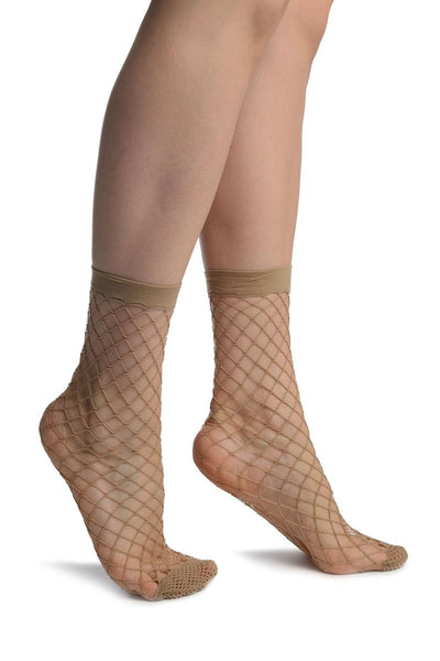 Beige Large Fishnet With Reinforced Toe Ankle High Socks