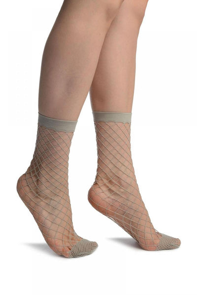 Grey Large Fishnet With Reinforced Toe Ankle High Socks