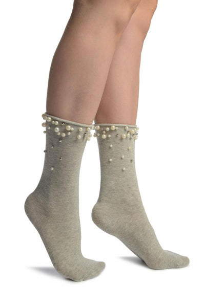 Grey With Pearls and Silver Beads Ankle High Socks