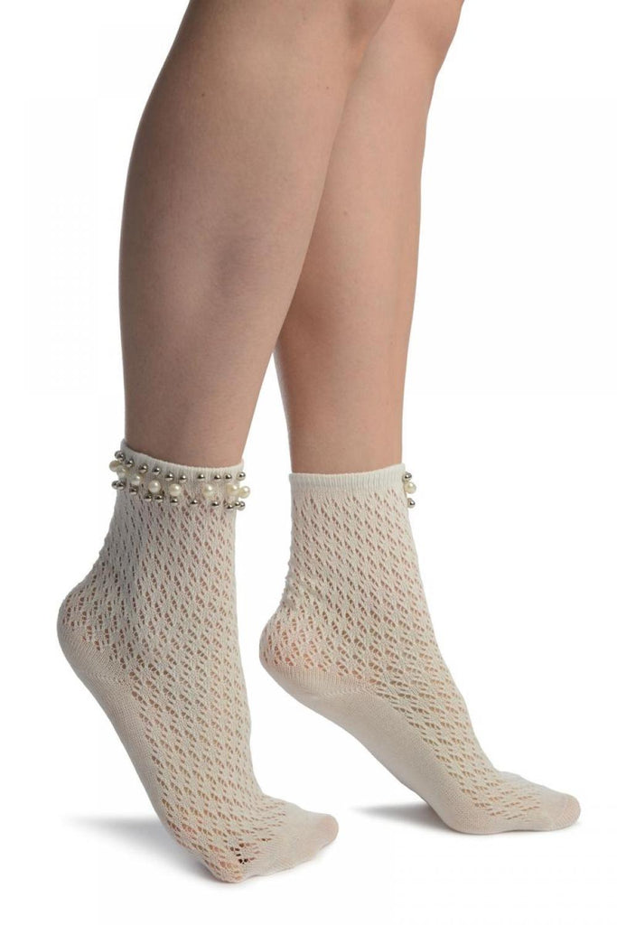 White Crochet With Pearls and Silver Beads Stripe Ankle High Socks
