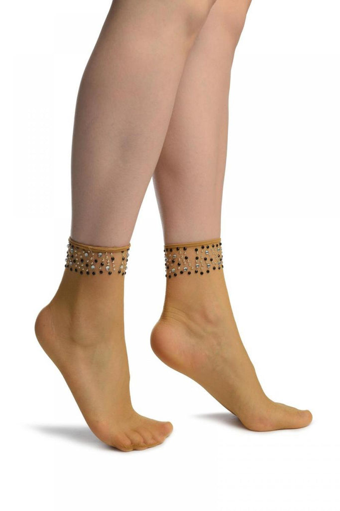 Beige With Crystals Ankle High Socks