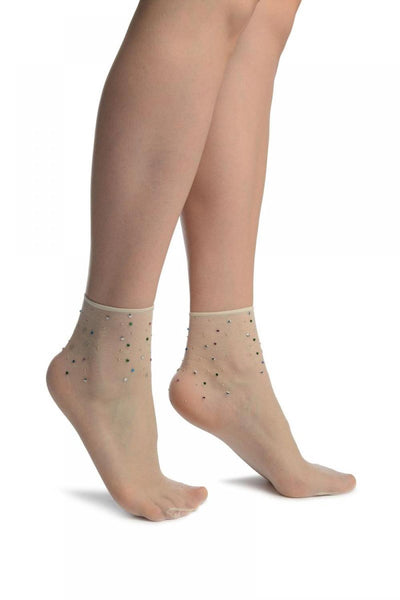 Off-White With Stars & Crystals Ankle High Socks