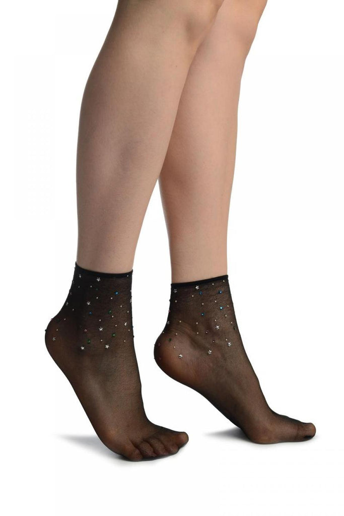 Black With Stars & Crystals Ankle High Socks
