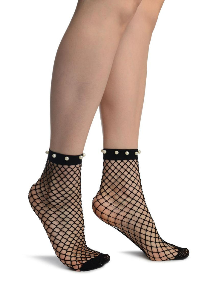 Black Fishnet With Pearls Ankle High Socks