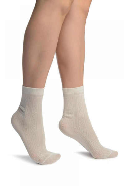 White With Crocheted Stripes Ankle High Socks