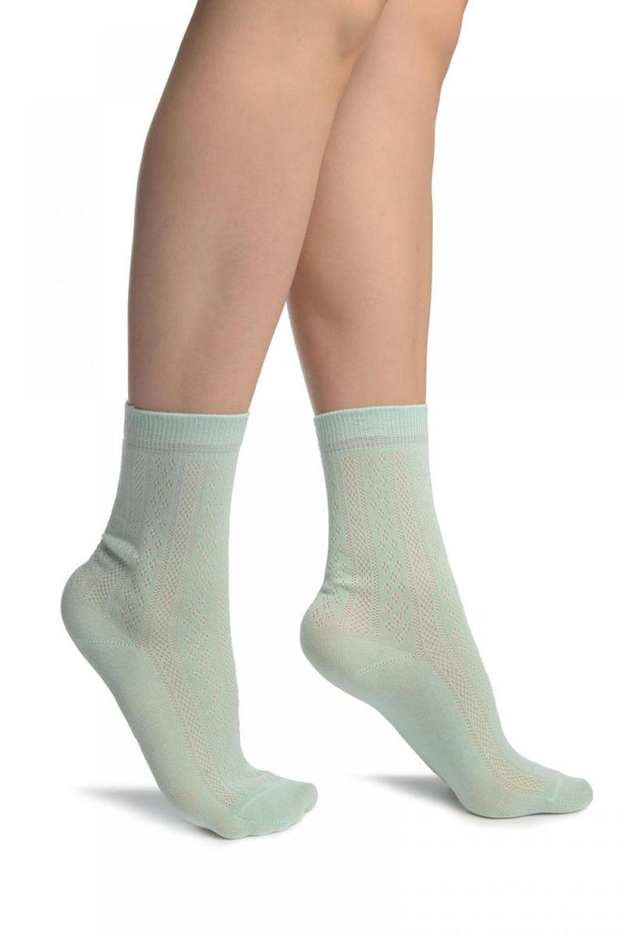 Mint Green With Crocheted Stripes Ankle High Socks