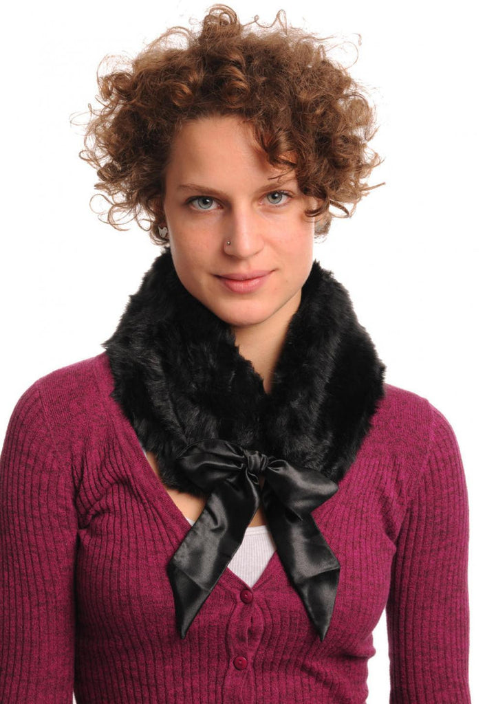 Black Faux Fur Collar With Satin Bow Collar Scarf