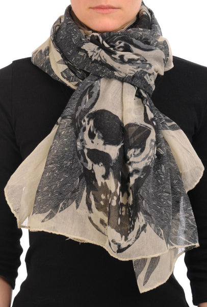 Beige With Black Skull & Raven Wings Unisex Scarf & Beach Sarong