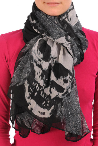 Black With Beige Skull & Raven Wings Unisex Scarf & Beach Sarong